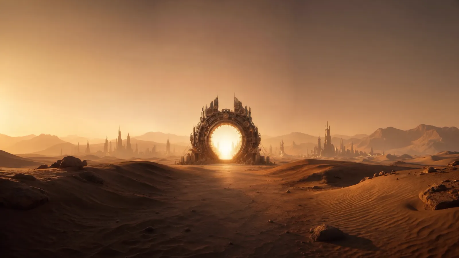 The Gate: a round arch of speakers and gears in the desert, with the low sun shining through it